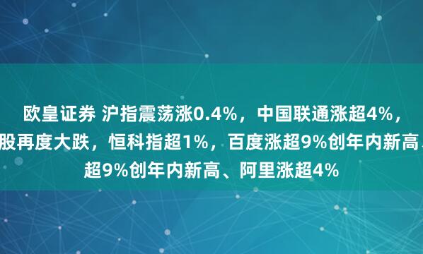 欧皇证券 沪指震荡涨0.4%，中国联通涨超4%，CPO等AI硬件股再度大跌，恒科指超1%，百度涨超9%创年内新高、阿里涨超4%